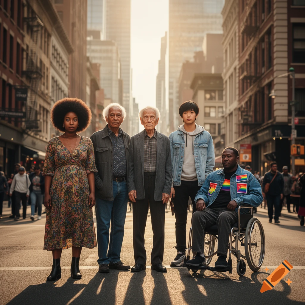 A diverse group of five people, including a man in a wheelchair, stand on a sunny city street. Photorealistic style.
