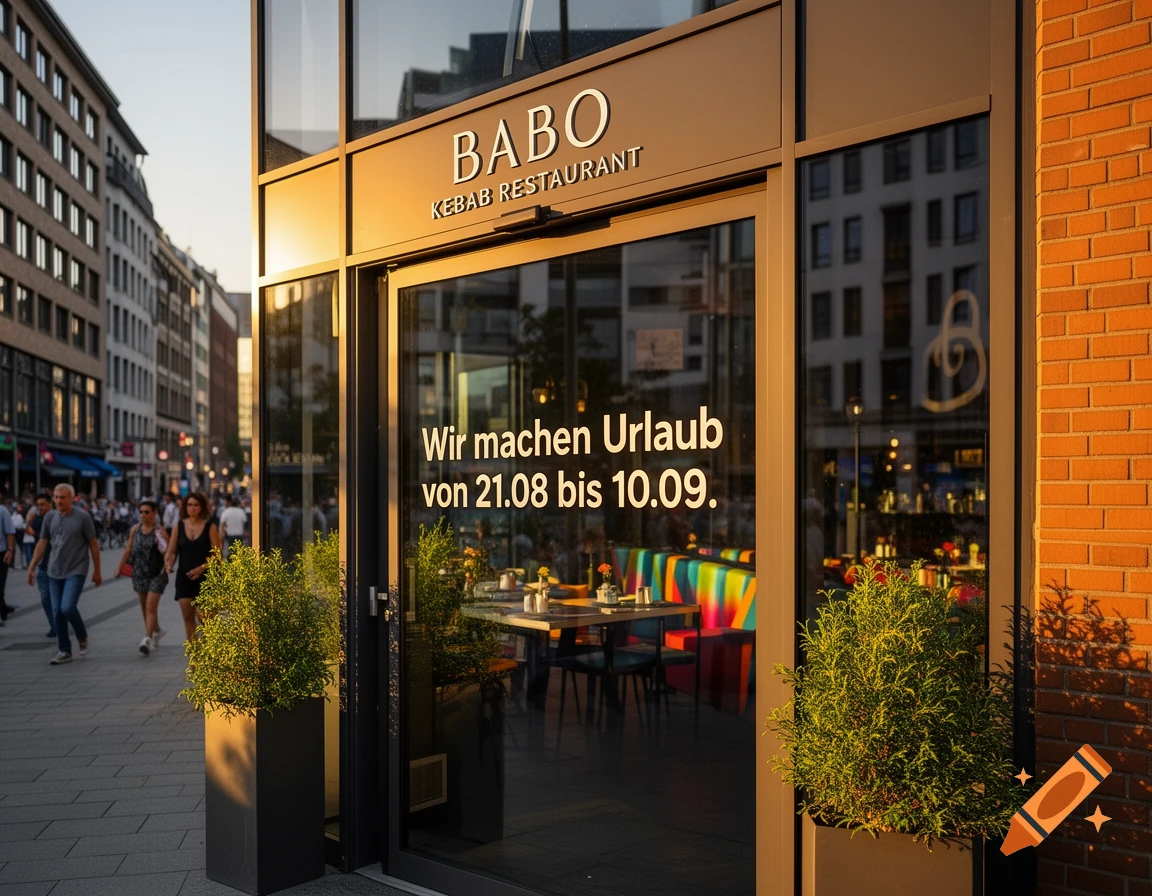 A sunny street view of Babo Kebab Restaurant with a 'Wir machen Urlaub' sign on its glass door and pedestrians walking by.