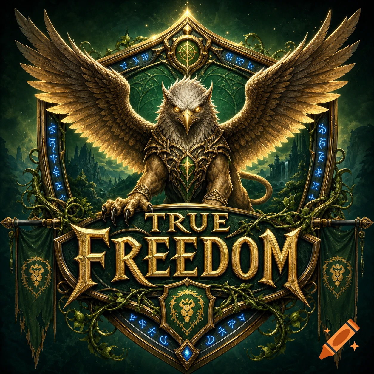 A detailed fantasy guild logo featuring a majestic griffin with outstretched wings on a golden shield, with 'TRUE FREEDOM' text.
