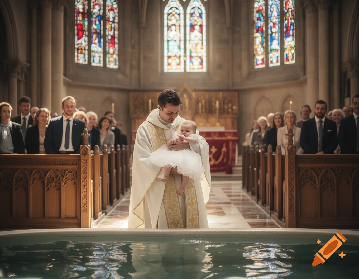 A priest holds a baby for a baptism ceremony in a church, with a baptismal font and congregants, photorealistic.