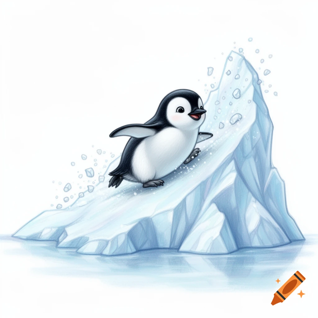 A happy cartoon baby penguin slides down a blue and white iceberg with ice chunks splashing.