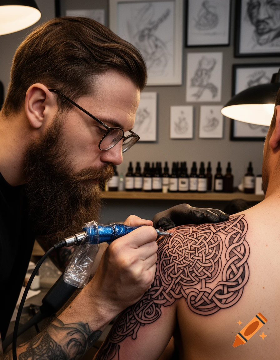 A bearded tattoo artist in glasses meticulously inks a complex Celtic knot design onto a client's back with a tattoo machine in a studio.