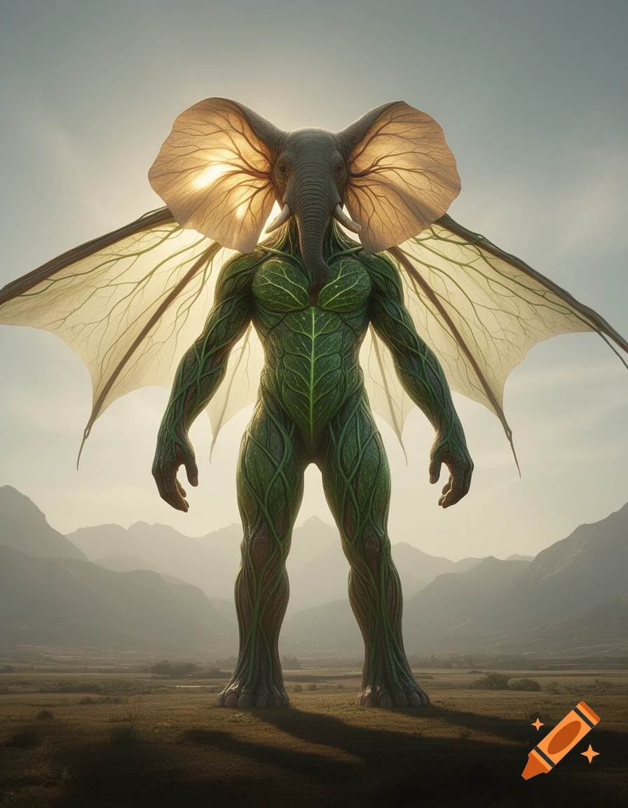 A towering elephant-headed giant with green leaf-like skin and large translucent wings stands in a field at sunset, backed by mountains.