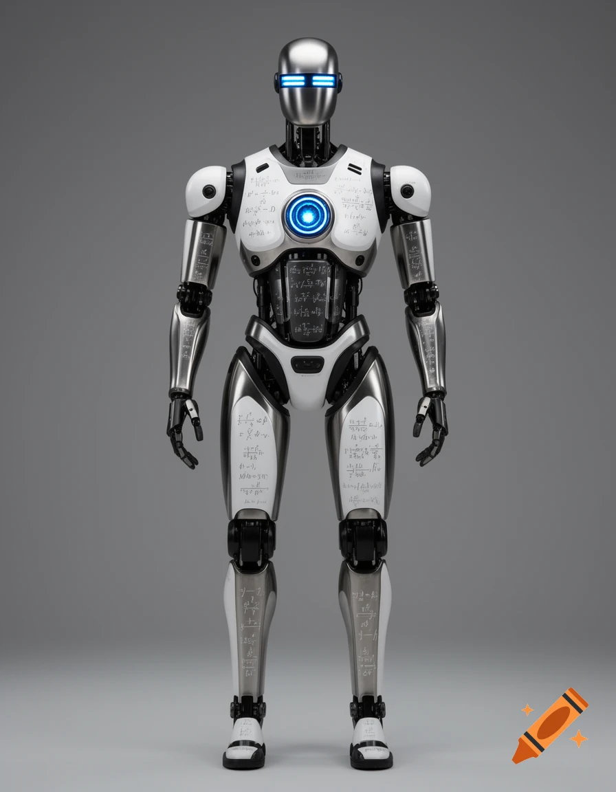 Photorealistic studio portrait of a sophisticated, slender humanoid robot with a metallic body, white panels, glowing blue eyes, and a blue reactor core on its chest, covered in mathematical symbols on a gray background.