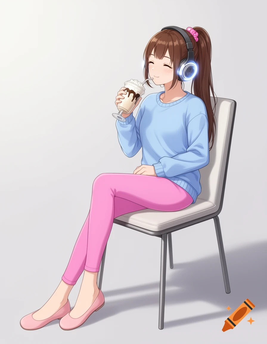 Anime woman with brown hair in a ponytail, wearing headphones, a blue shirt, and pink leggings, sitting on a chair and drinking a vanilla milkshake.