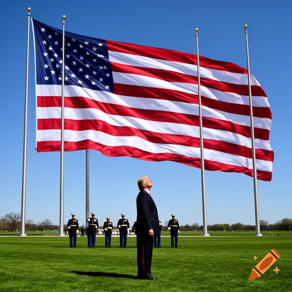 A man resembling Donald Trump in a suit stands in a grassy field, looking up at a massive American flag waving between tall flagpoles under a clear blue sky. Several uniformed military figures stand in the background.