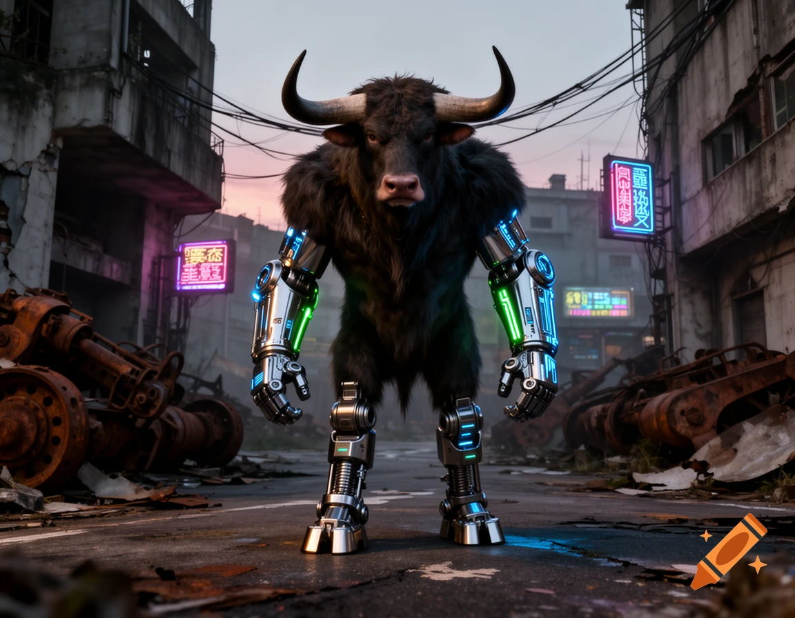 A photorealistic cyberpunk minotaur with dark fur, large horns, and glowing cybernetic limbs stands in a ruined dystopian city.