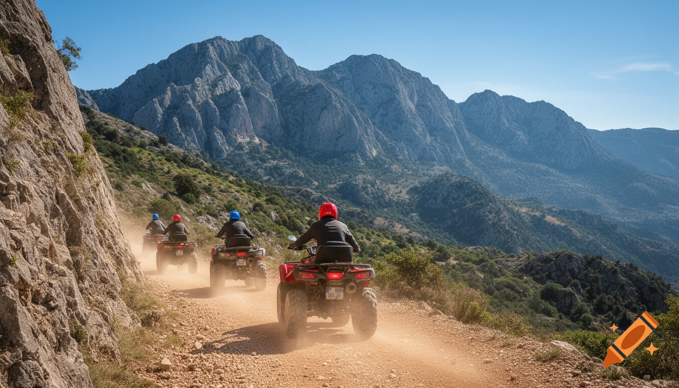 Four people on ATVs kick up dust on a winding dirt road through a mountainous, green landscape under a clear blue sky.