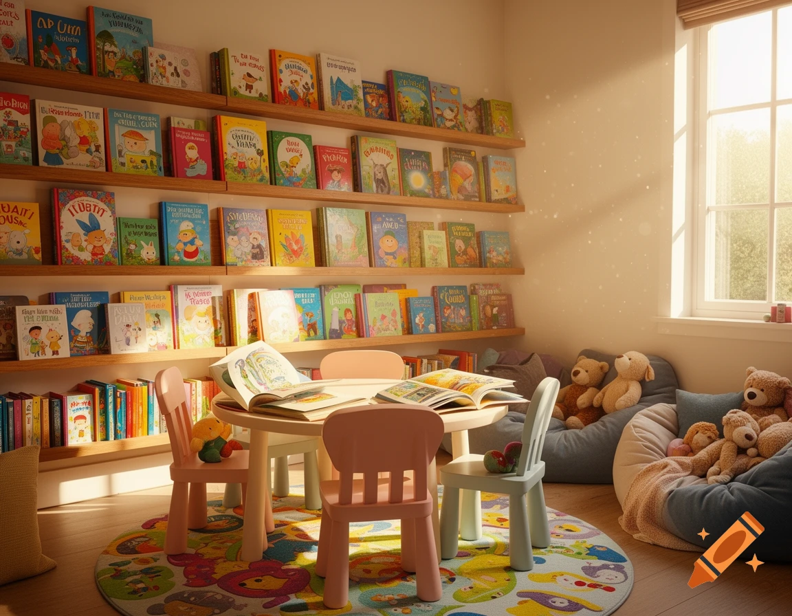 Cozy children's reading room with shelves of books, a small table with chairs, and beanbags with teddy bears by a sunny window.