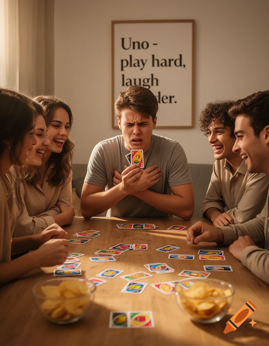 A group of friends playing Uno, one man looking distressed at his cards while others laugh around a table with chips.