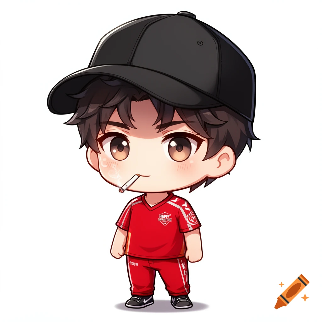 Chibi anime boy with brown hair and big eyes, wearing a black cap, red team uniform, and smoking a cigarette, against a white background.
