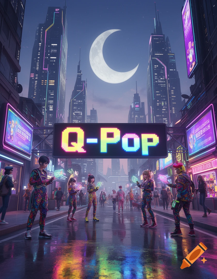 A futuristic city street at night with neon lights reflecting on the wet ground. A large sign in the foreground reads "Q-POP" in pixelated letters. People in colorful outfits interact with glowing devices, with a huge crescent moon in the sky above skyscrapers.