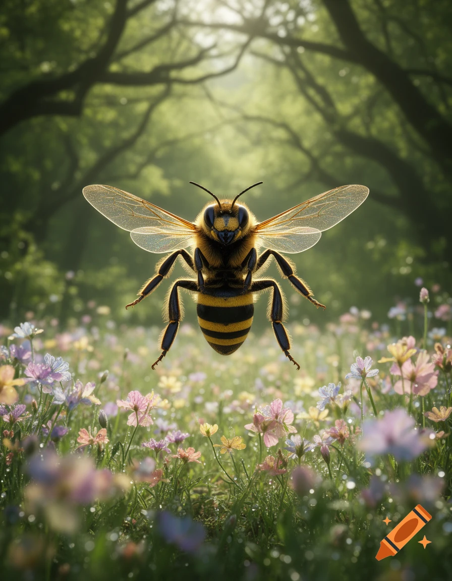 A fuzzy bee with transparent wings hovers over a vibrant meadow of wildflowers and sunlit trees in a photorealistic style.