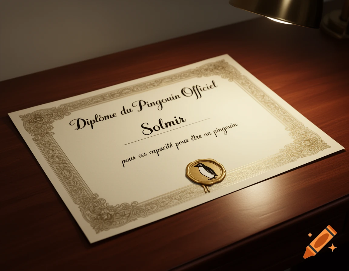 A close-up shot of a diploma for the "Official Penguin" awarded to "Solmir" resting on a wooden desk under a lamp's glow.