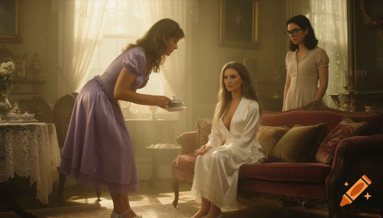 Three women in a lavish Victorian living room with a hazy glow. One woman serves tea to another lounging on a velvet sofa, while a third watches.
