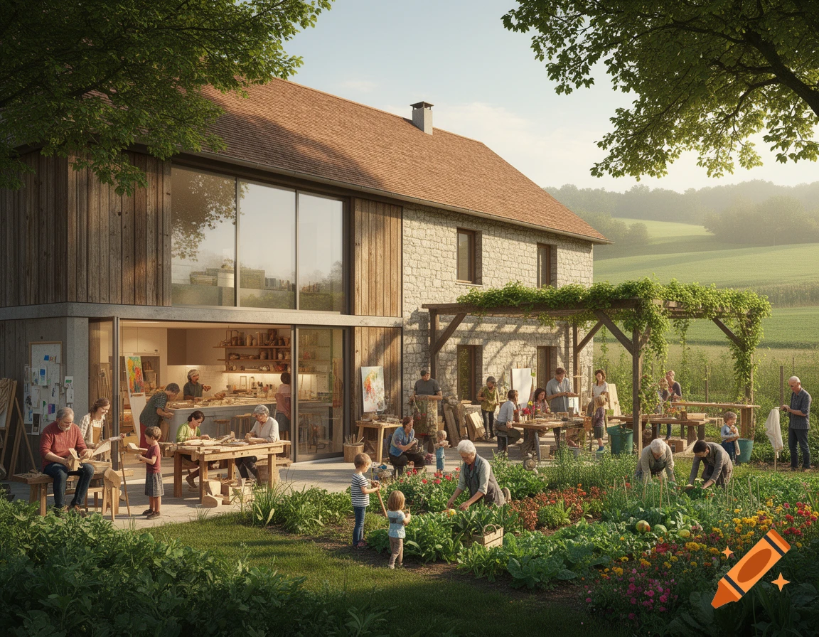 An outdoor scene of a modern, renovated farmhouse with diverse people of all ages working in a garden, common kitchen, and workshop area.
