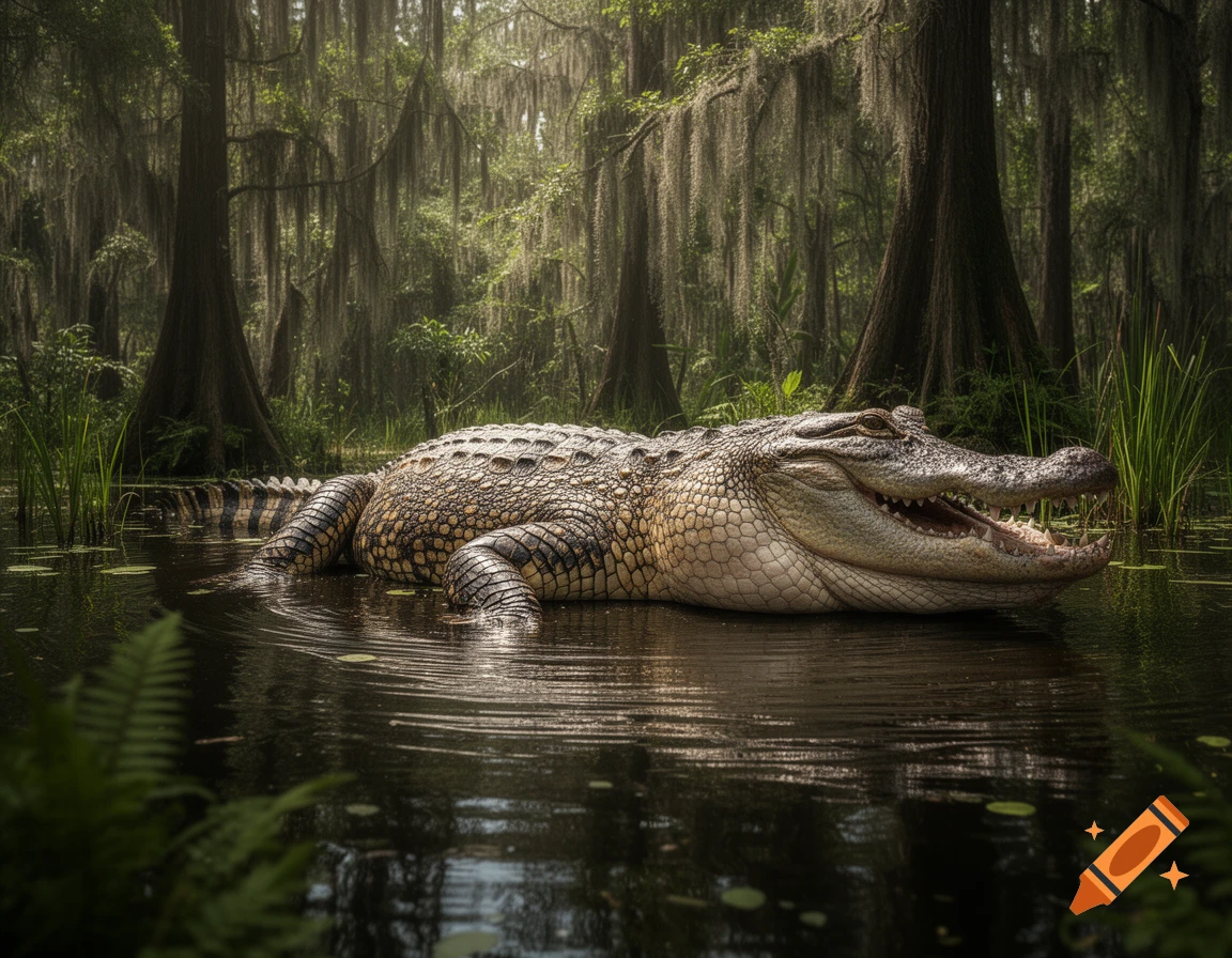 Photorealistic alligator partially submerged in murky water in a mossy swamp, mouth slightly open.