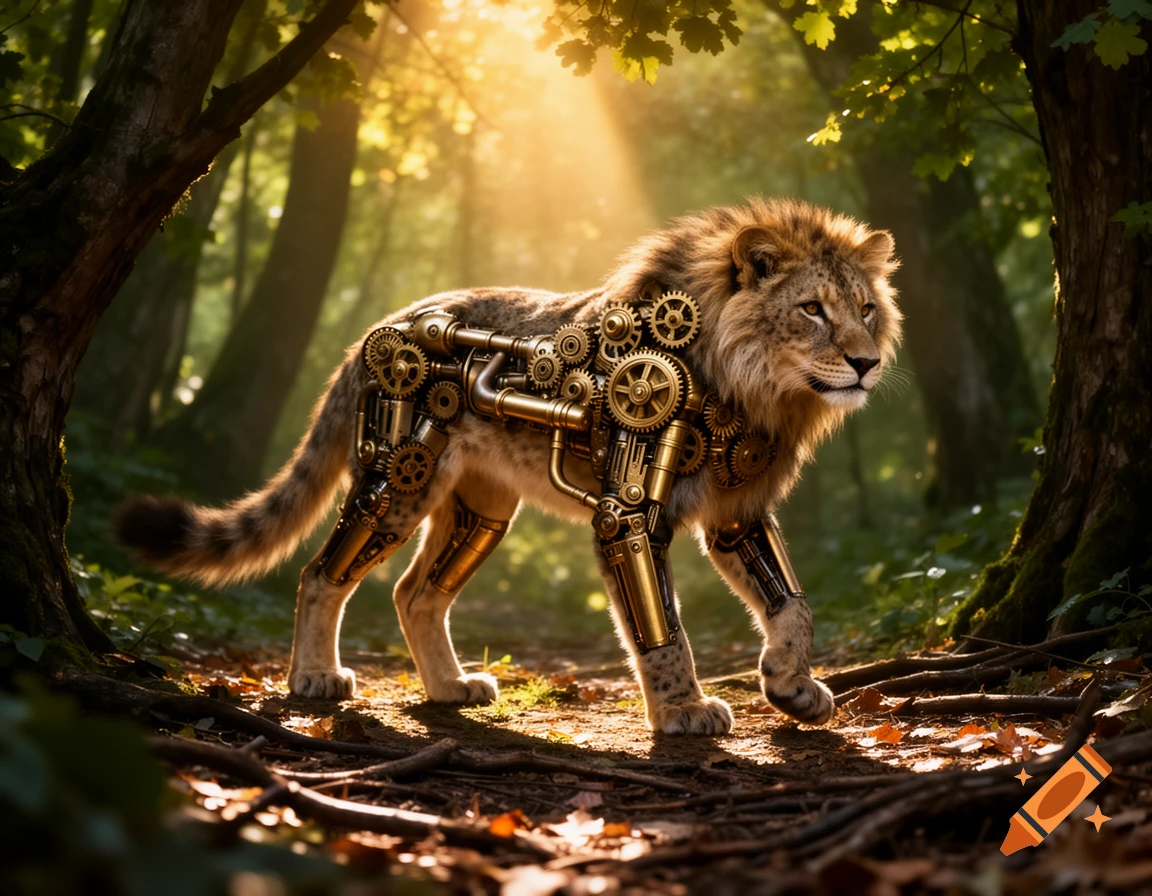 A majestic lion with intricate brass and gold steampunk gears and pipes integrated into its body walks through a sunlit forest.