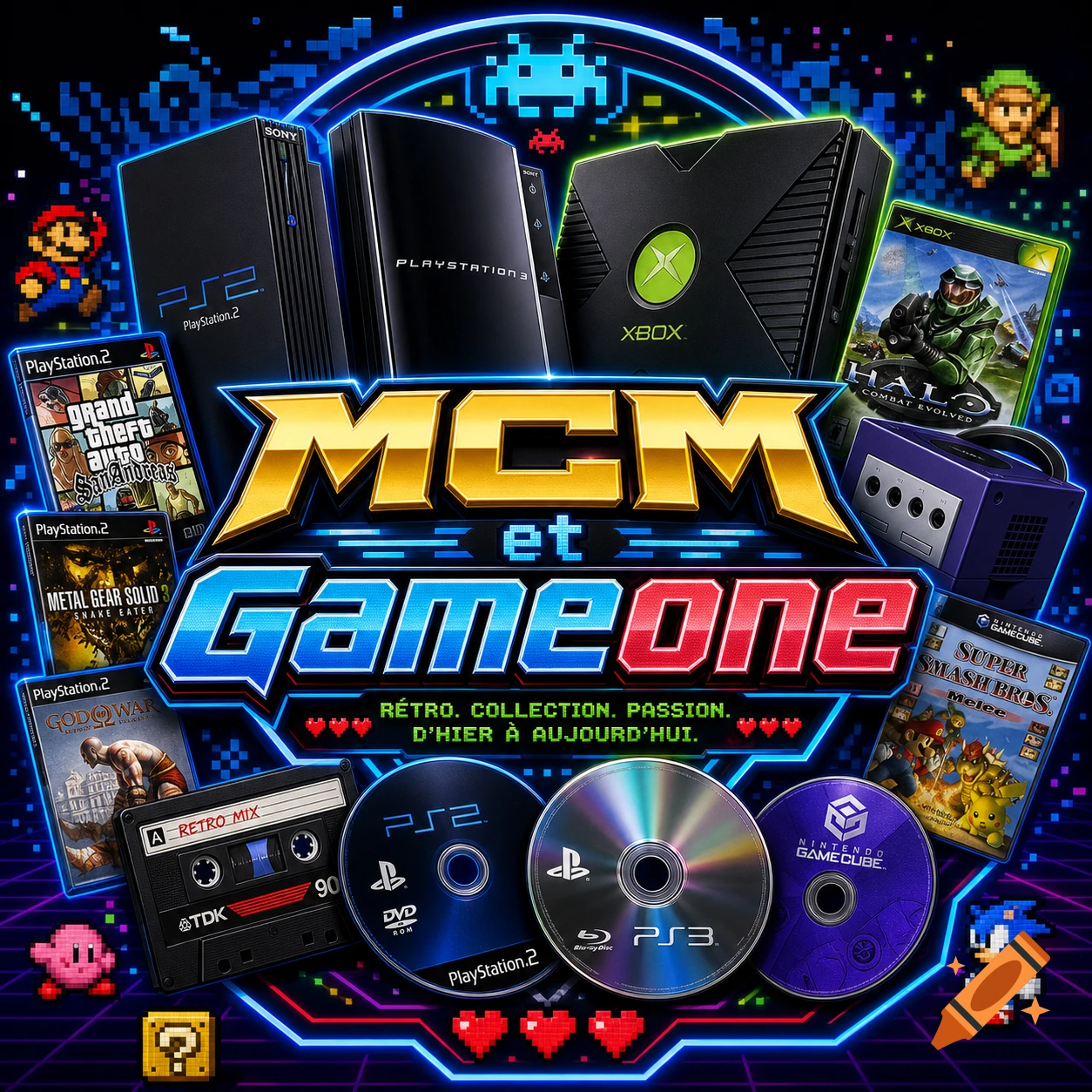 A vibrant collage of classic video game consoles and titles, including PlayStation 2, PlayStation 3, Xbox, and GameCube, surrounded by pixel art characters and game discs, with a central 'MCM et Gameone' logo.