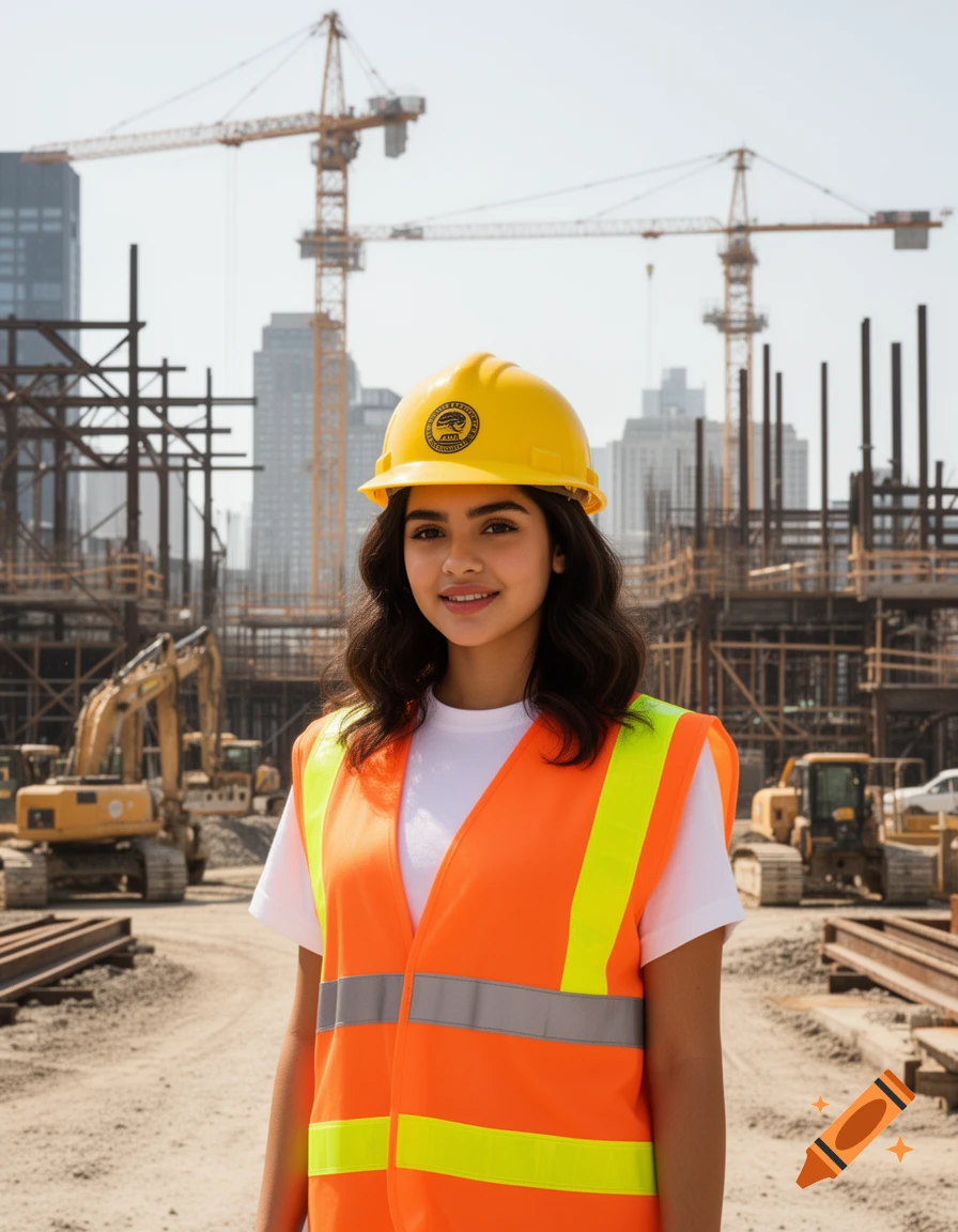 A smiling woman in a yellow hard hat and orange reflective vest stands at a construction site with cranes.