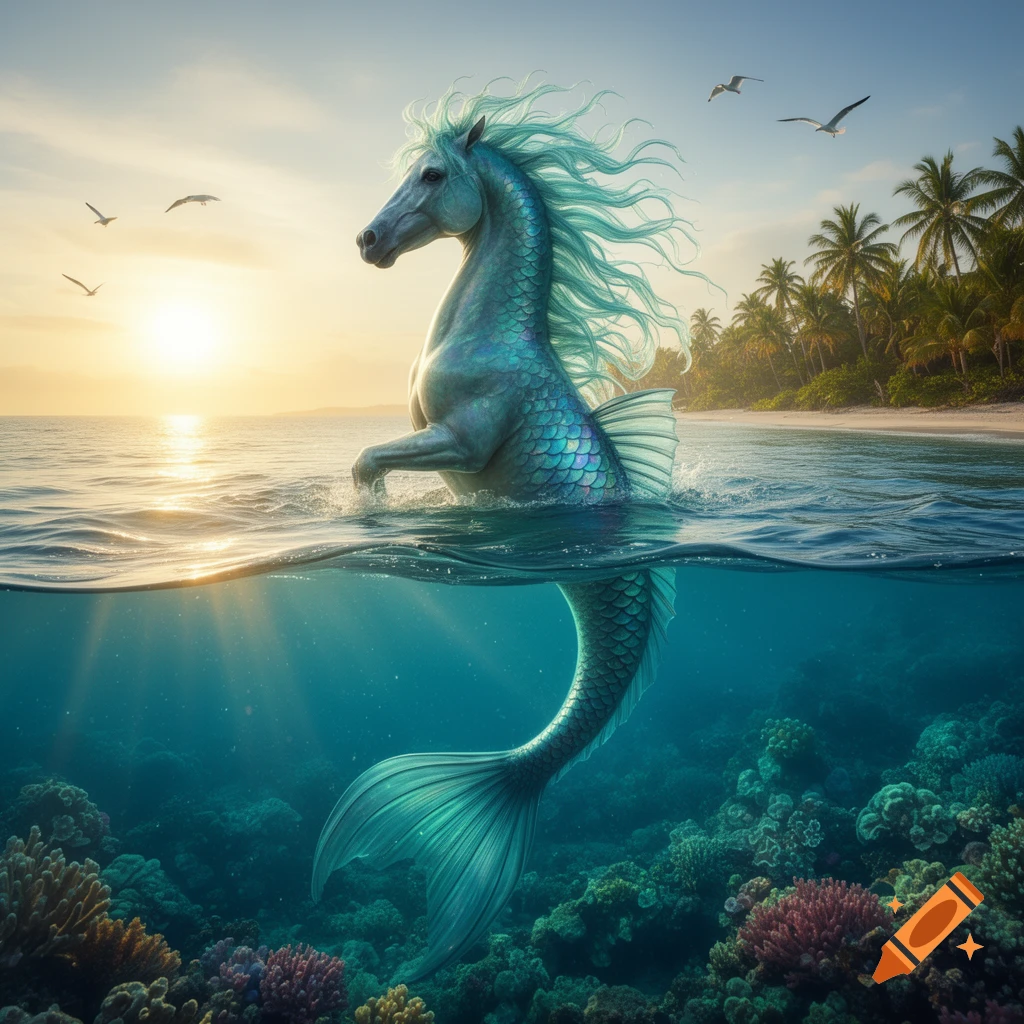 Photorealistic merhorse rearing out of tropical ocean water at sunset, with a coral reef visible below.