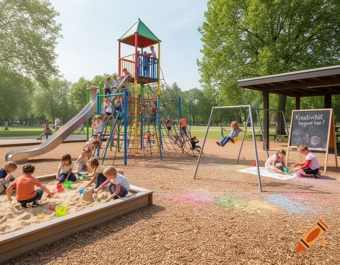Photorealistic image of many children playing happily on a vibrant playground with a slide, swings, a climbing net, and a sandbox in a sunny park.