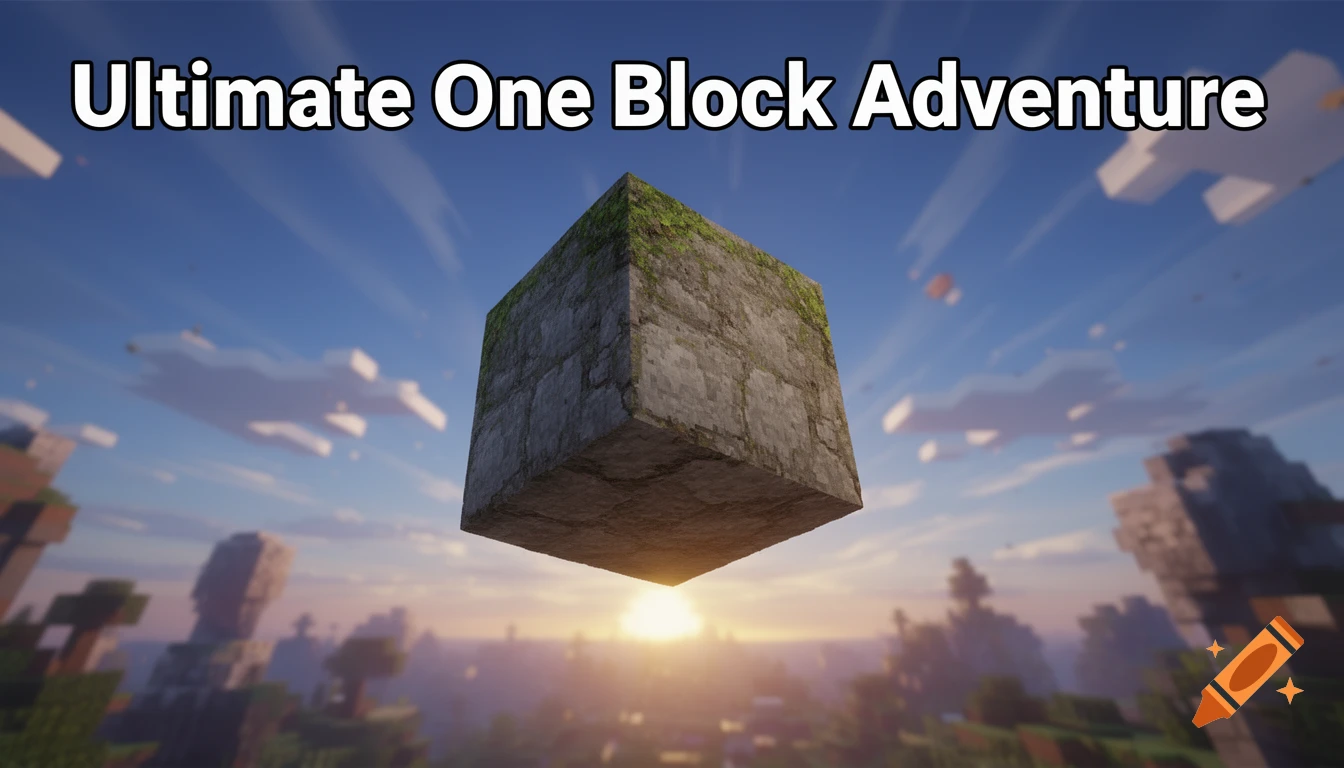 A large, mossy stone block floats above a Minecraft-style landscape at sunset. Text: Ultimate One Block Adventure.