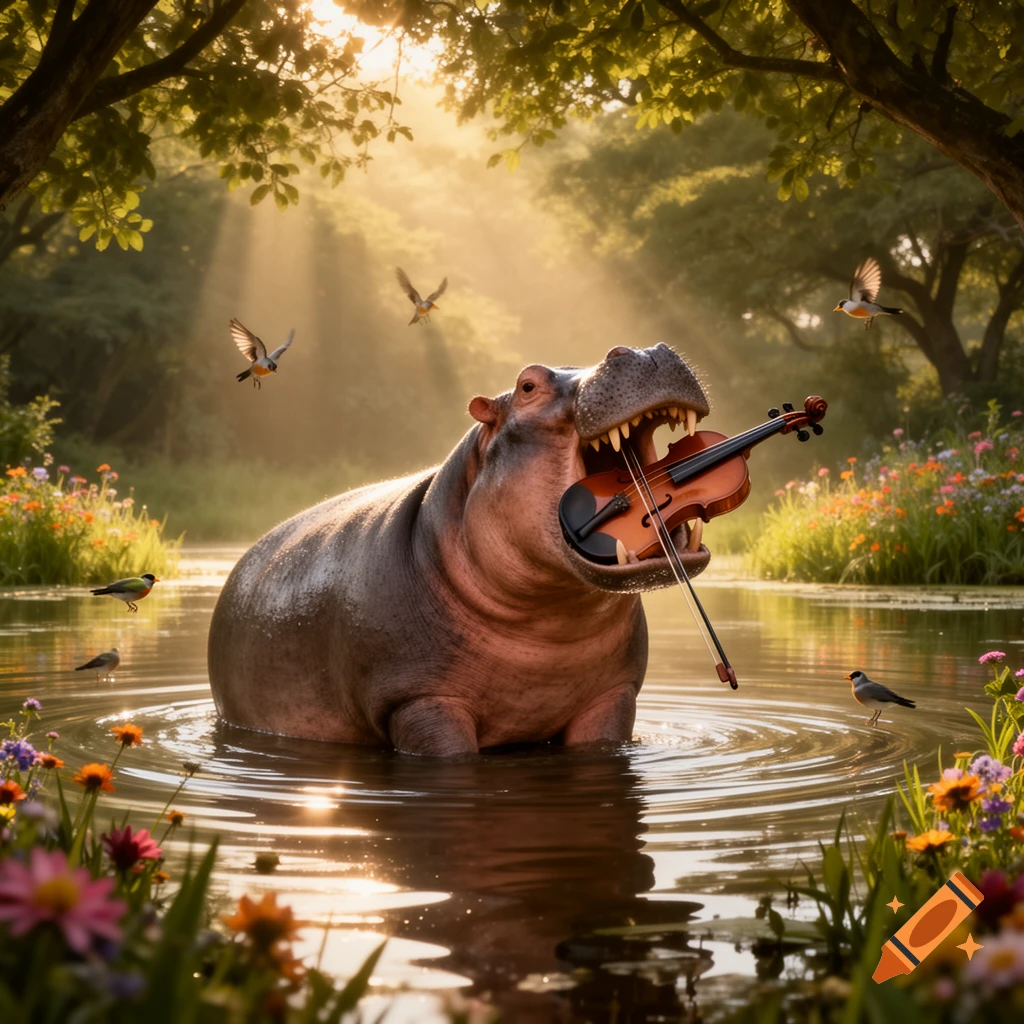 A large hippo plays a violin with its mouth, standing in a serene, sunlit forest pond surrounded by birds and wildflowers.