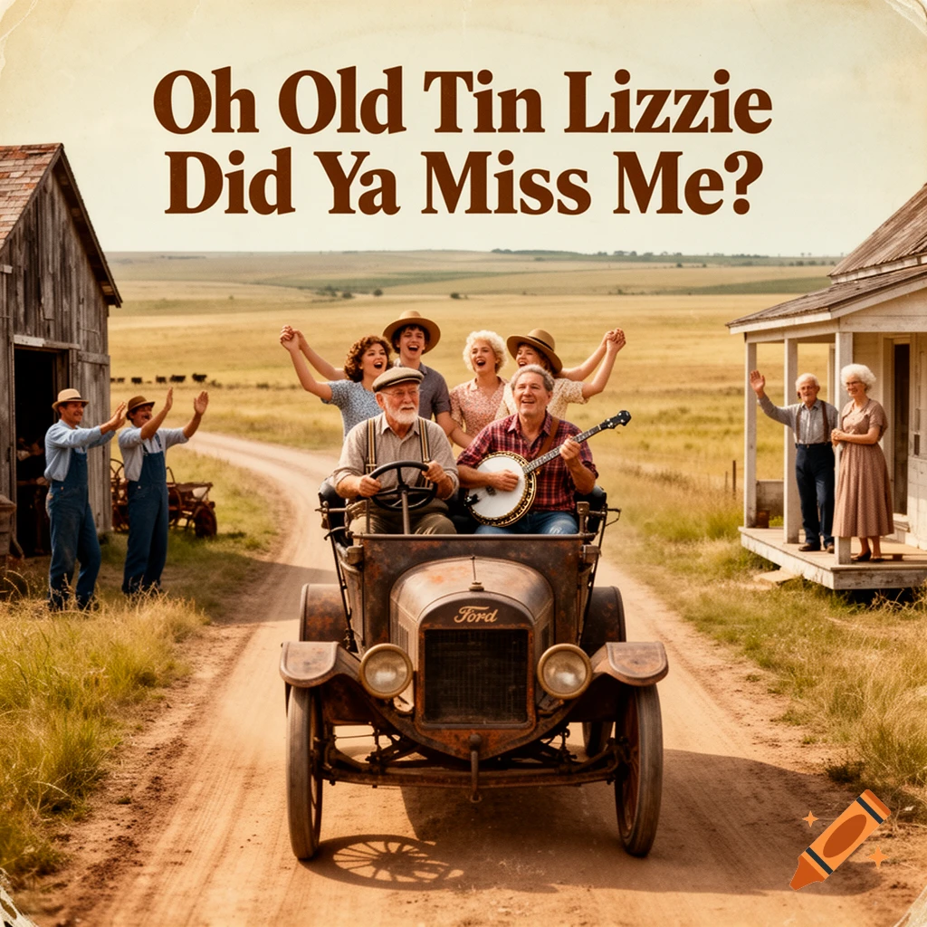 Vintage country album cover of people in an old Ford Model T driving through a rural prairie, greeted by waving farmers.