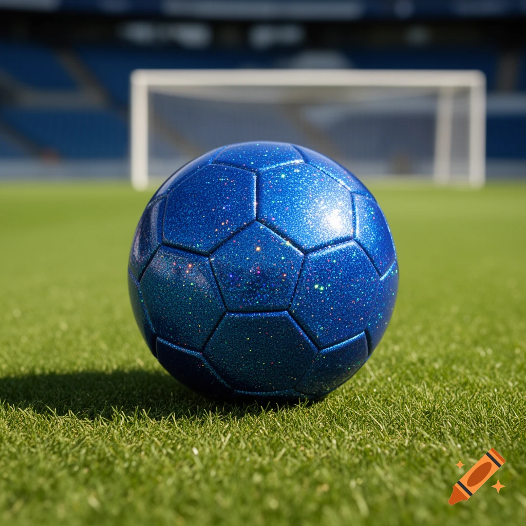 A blue glittery soccer ball rests on a green grass field, with a white goal and stadium seats blurred in the background.