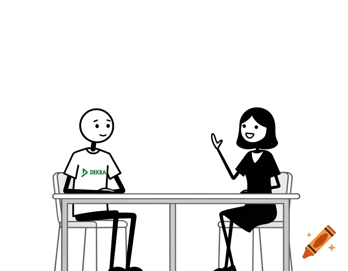 Minimalist stick figure illustration of a man and woman sitting at a table, the man wearing a 'DEKRA' shirt.