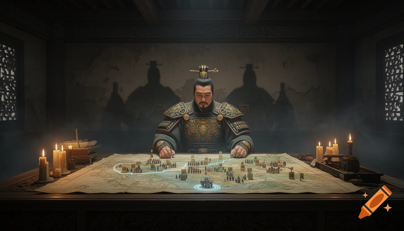 An ancient Chinese general in ornate armor sits at a dimly lit table, analyzing a strategic map with playing pieces, surrounded by candles.
