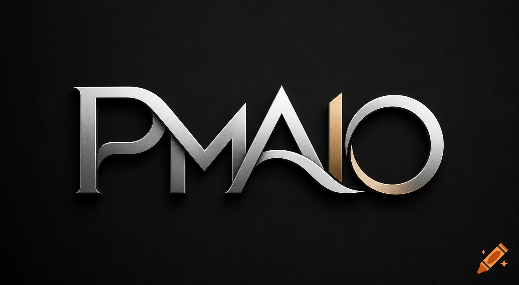 A stylized metallic logo spells out the letters "PMAIO" on a dark black background, with some letters in silver and one in gold.