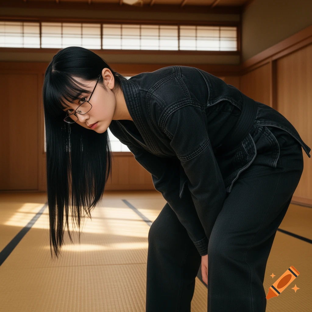 A woman with long black hair and glasses, wearing a black gi, bends over in a traditional dojo with tatami mats.