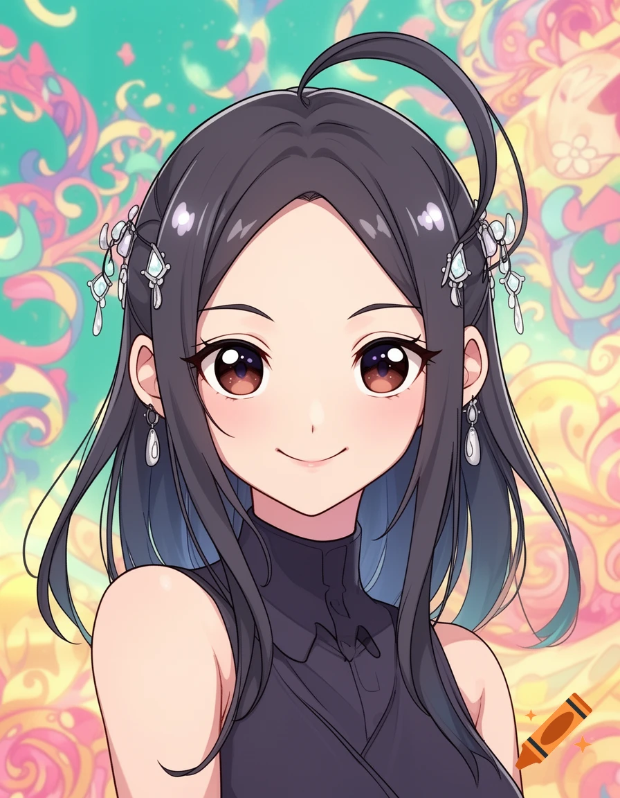 A smiling anime girl with long dark hair, brown eyes, and intricate silver hair clips, set against a colorful abstract background.