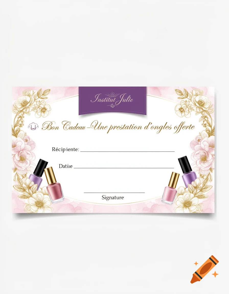 Elegant gift certificate for nail services with 'Institut Julie', golden floral patterns, and pink watercolor. Features text 'Bon Cadeau – Une prestation d'ongles offerte', lines for recipient, date, signature, and pink and purple nail polish bottles.