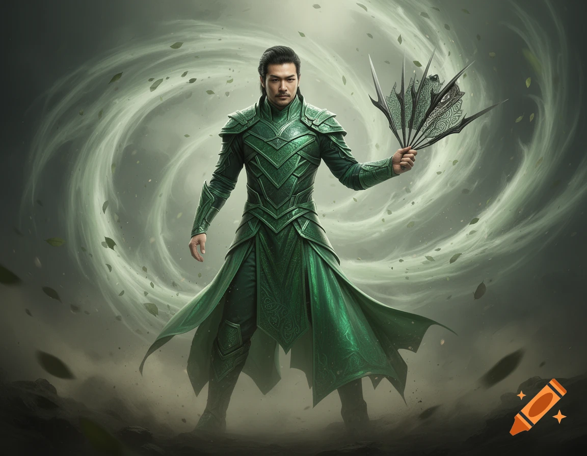 A man in ornate green fantasy armor holds a spiked fan as swirling green wind and leaves surround him.