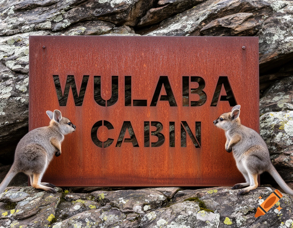 Two wallabies stand on rocks on either side of a rusty metal sign reading 'WULABA CABIN'.