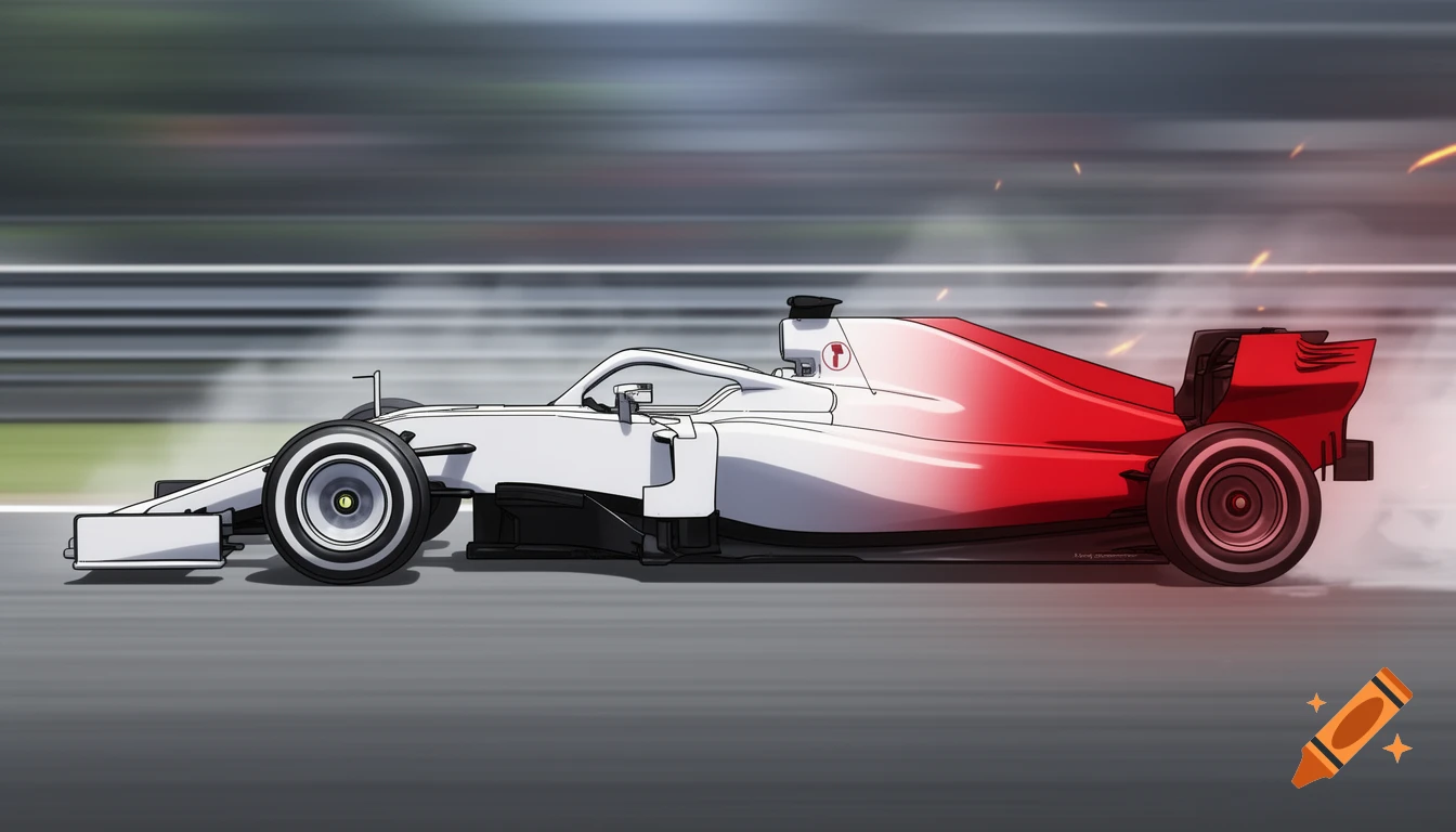A red and white Formula 1 race car in an anime style speeding on a track with motion blur.