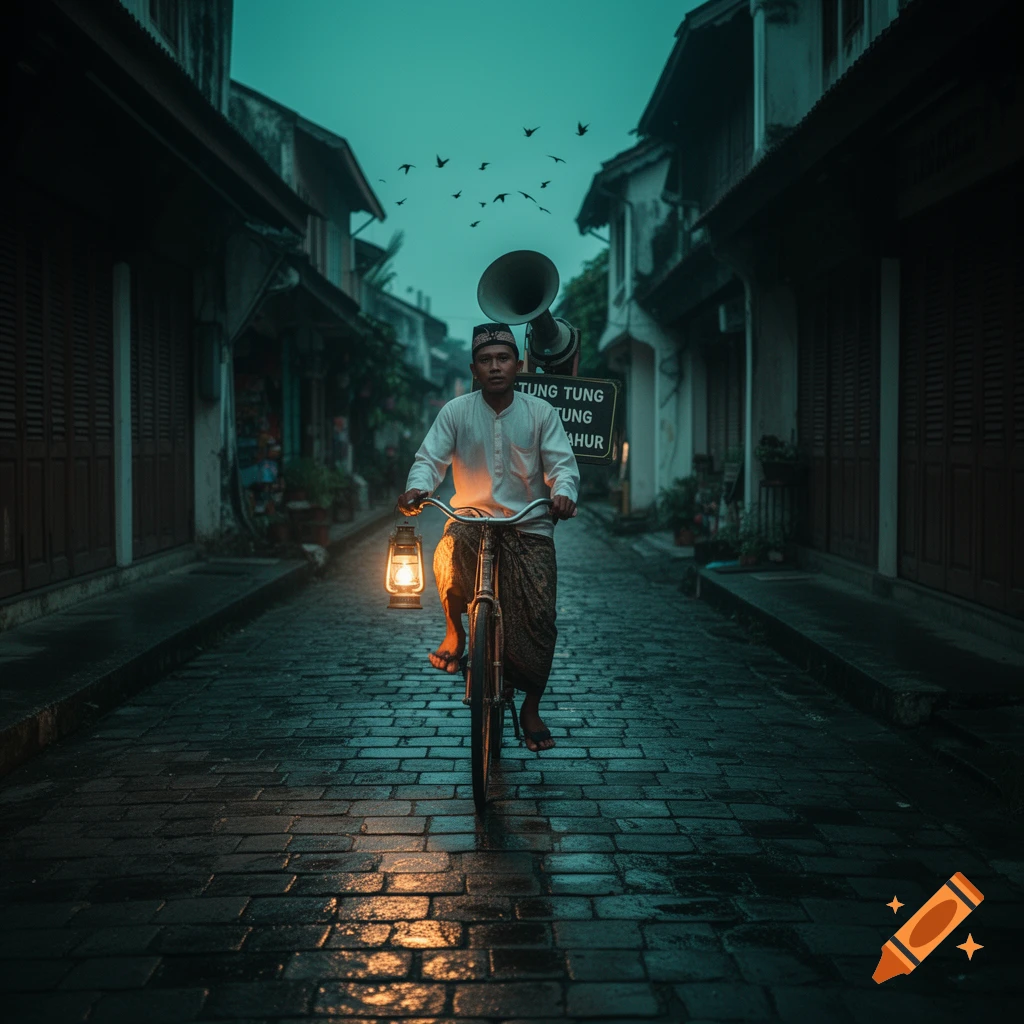A man in traditional attire rides a bicycle with a lantern down a wet, cobblestone street at dusk.