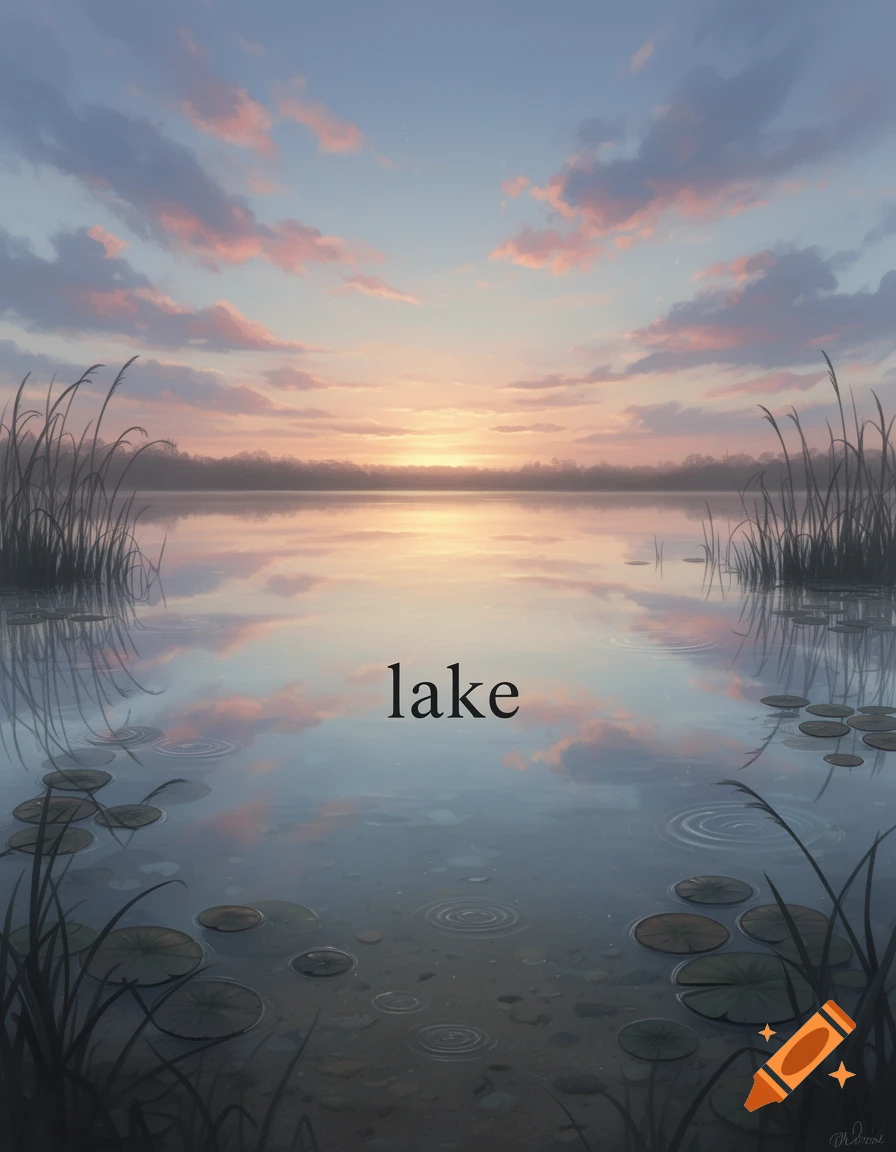 A tranquil lake scene at sunset, with soft pink and blue clouds reflecting on the still water, surrounded by reeds and lily pads. The word "lake" is centrally placed on the water.