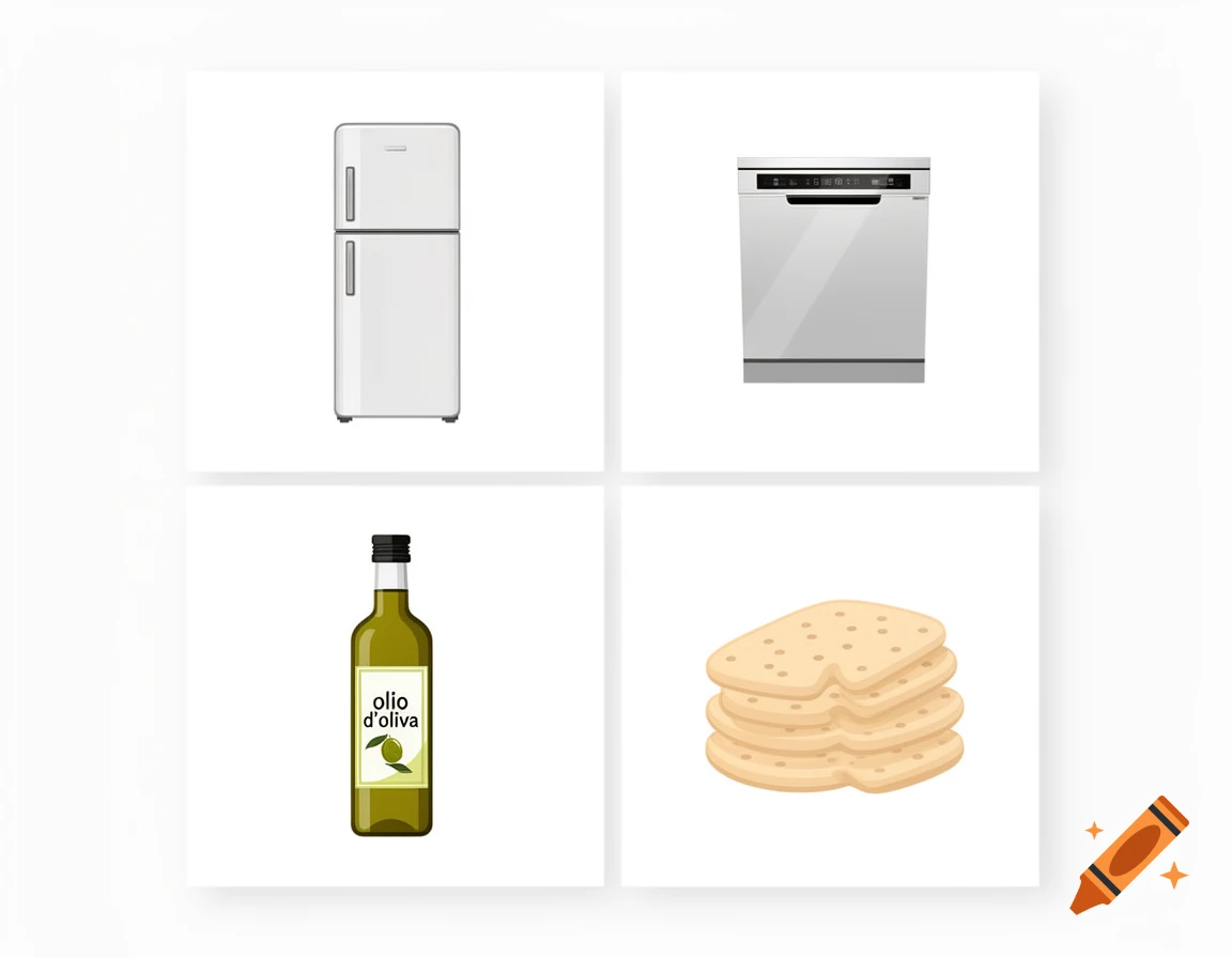 Four 2D illustrations on a white background: a white refrigerator, a white dishwasher, a green bottle of olive oil, and a stack of crackers.