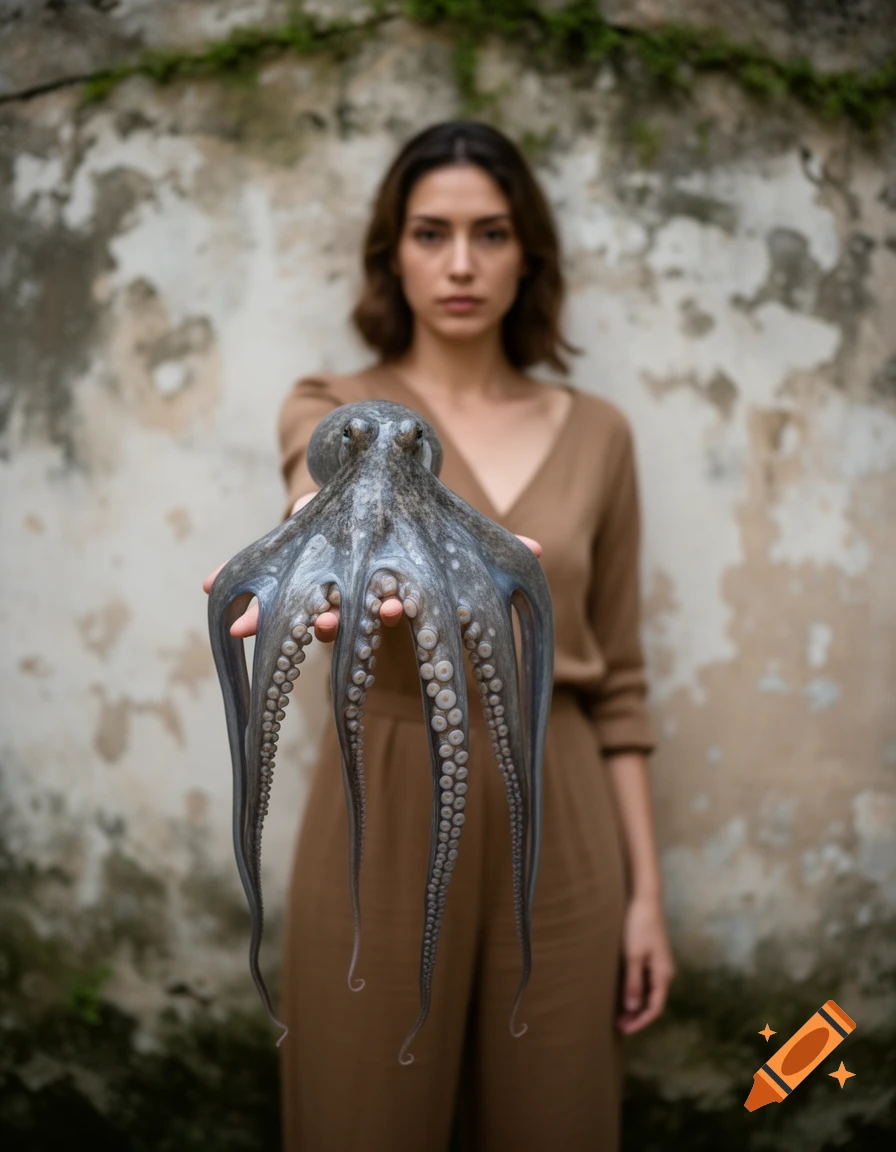A woman in a brown outfit holds a large octopus with long tentacles in her outstretched hand, in front of an old textured wall.