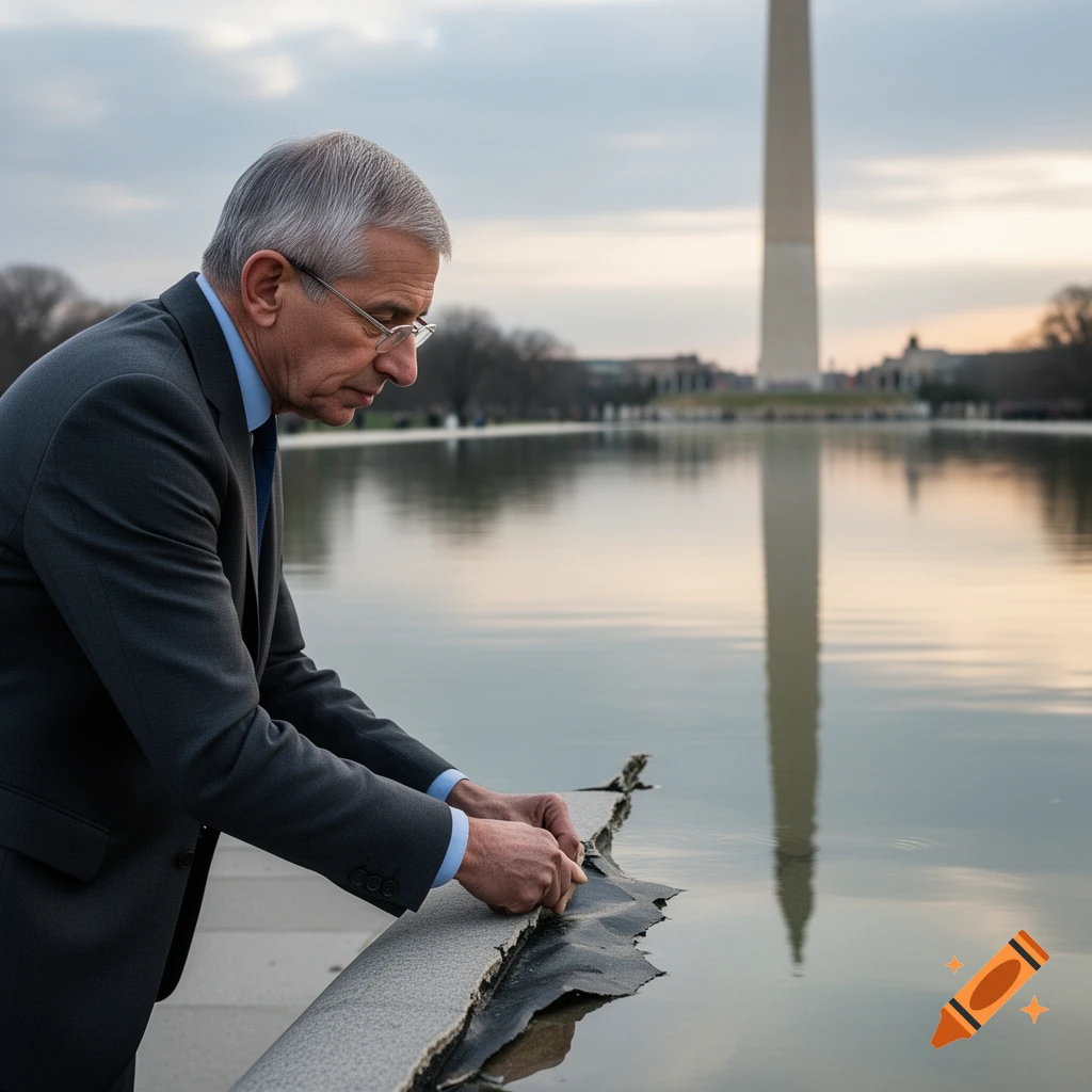 A man resembling Fauci at the Washington D.C. Reflecting Pool tears a black liner, with the Washington Monument reflected in the background.