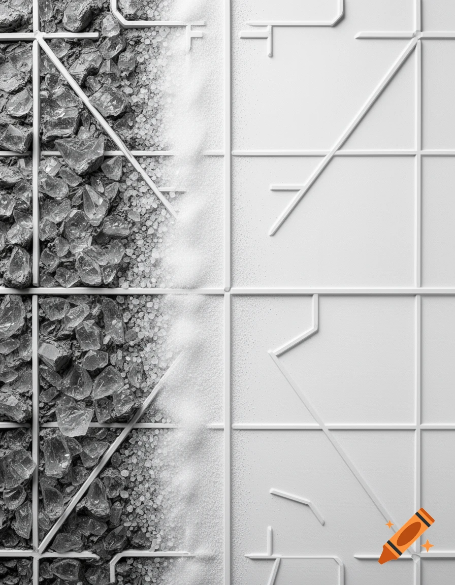 Abstract image showing a vertical split with dark glass crystals on a grid, transitioning to white salt, then a smooth surface with geometric lines.