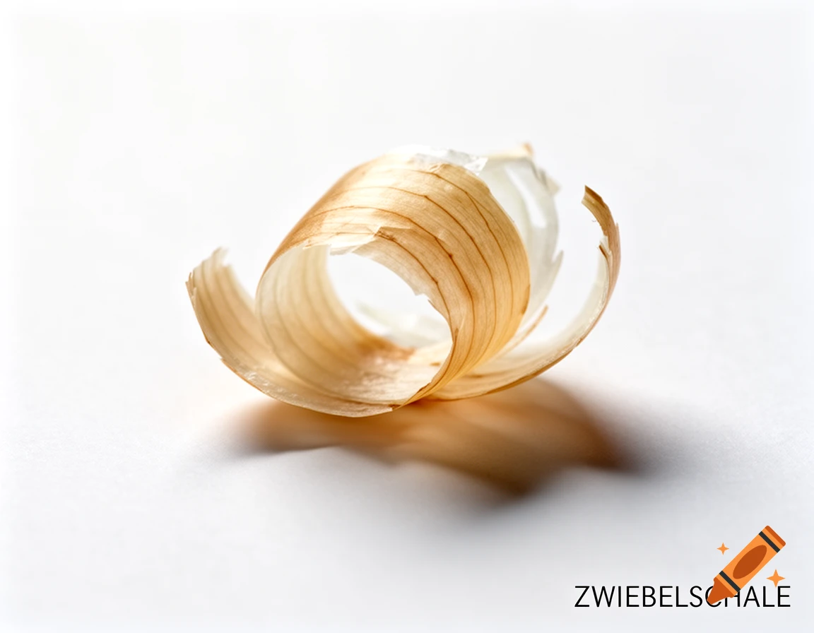 A coiled onion peel, light brown and white, rests on a white surface in a photorealistic close-up.