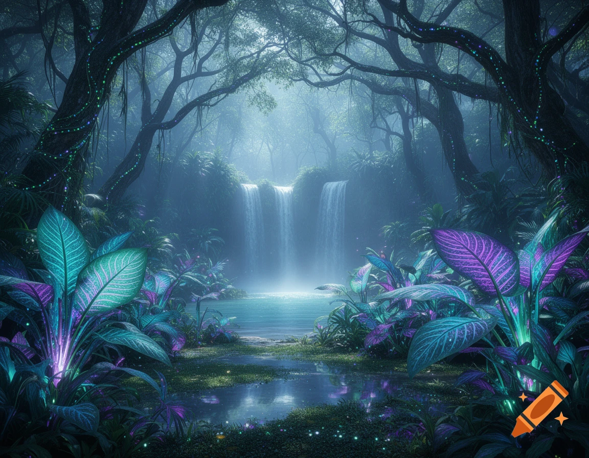 A lush, dreamy jungle scene with vibrant glowing plants in turquoise and purple, multiple waterfalls, and mystical lighting.