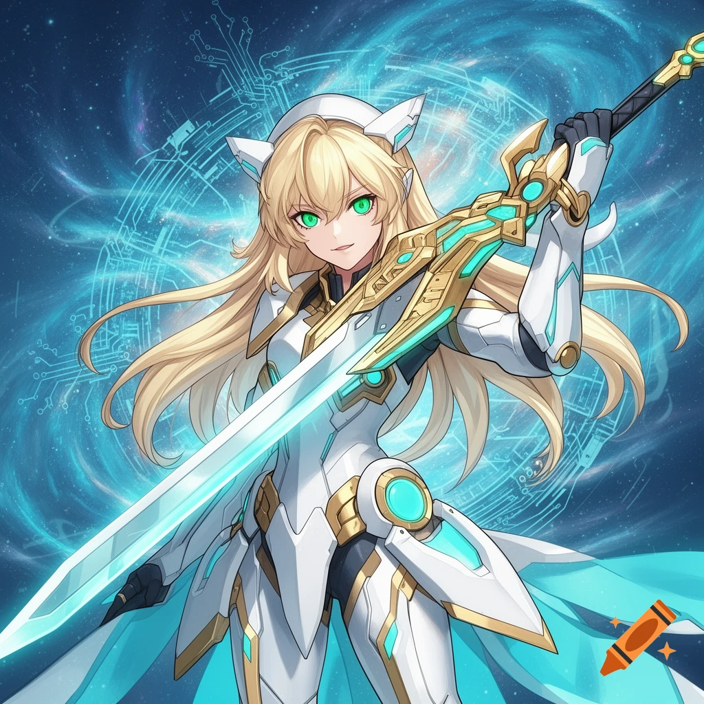 Blonde anime warrior in white, gold, teal futuristic armor, holding a glowing sci-fi sword against a starry, circuit background.