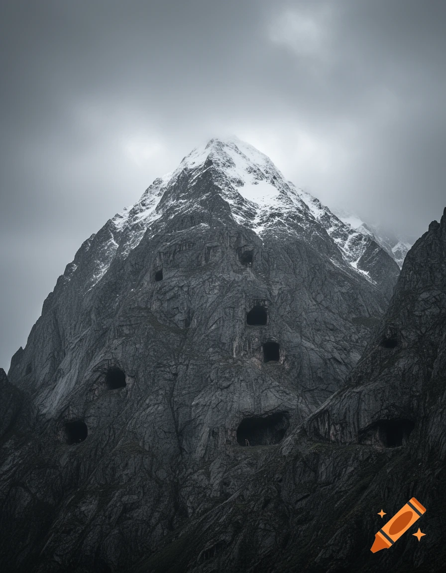 A foreboding snow-capped mountain under dreary skies, with numerous dark, gaping caves carved into its rocky facade.