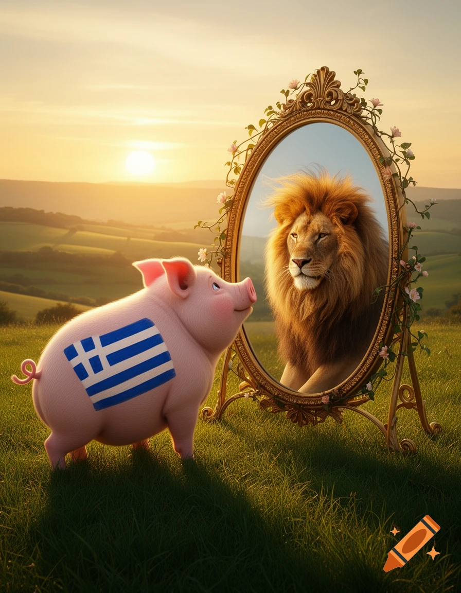 A cartoon pig with a Greek flag painted on its side looks into an ornate mirror, seeing a majestic lion reflected. Set in a sunny green landscape.